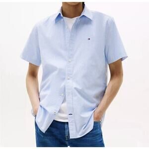 Tommy Hilfiger Men's Regular Fit Blue Striped Oxford Short Sleeve Shirt - Size L